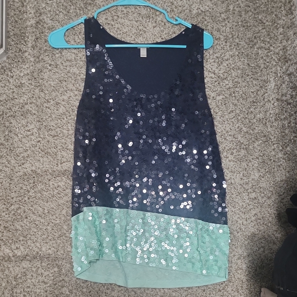 J. Crew Factory Navy and Mint Sequin Blouse